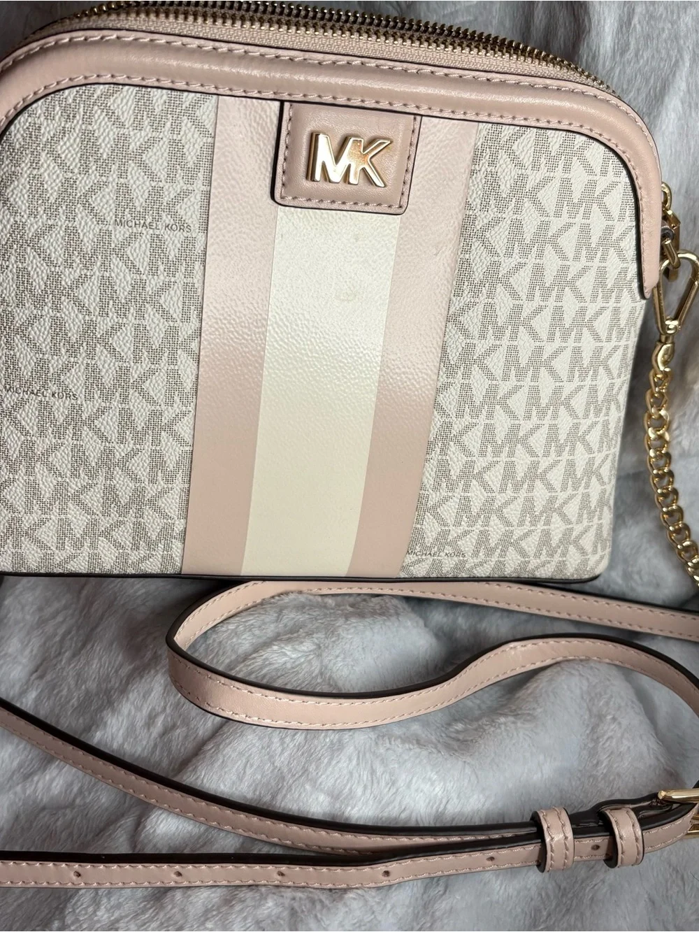 Michael Kors Blush Pink and Cream Signature Crossbody with Gold Hardware